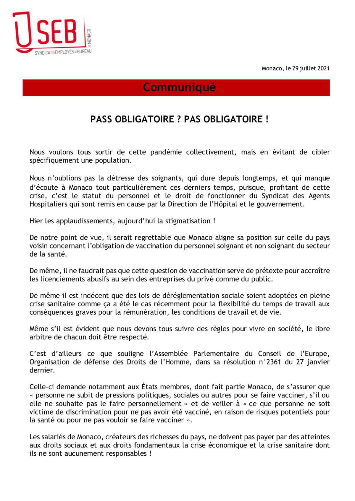 Pass Sanitaire : Le Syndicat des Employés de Bureau de Monaco Communique !