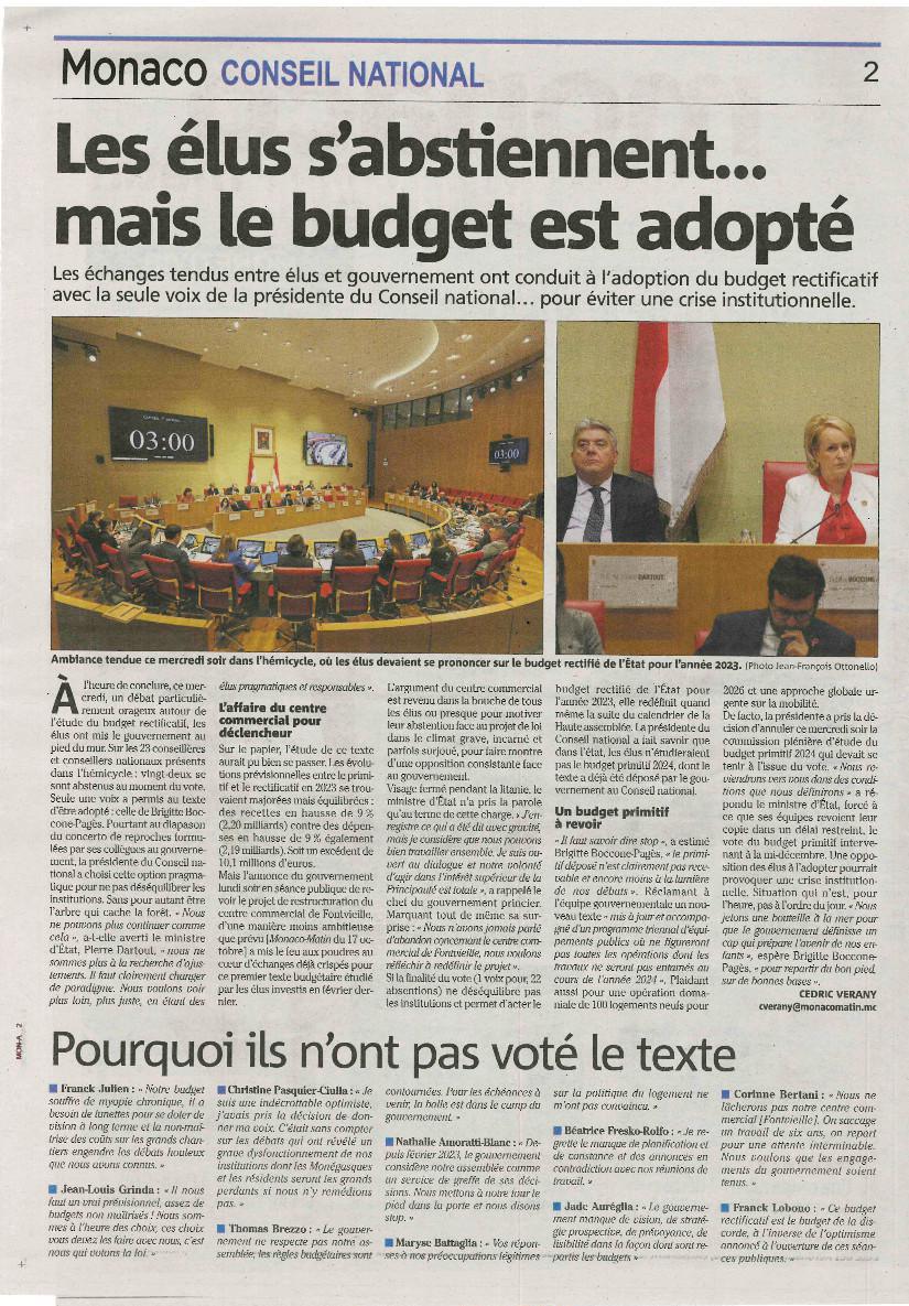 Monaco Matin : les élus s'abstiennent mais le budget est adopté