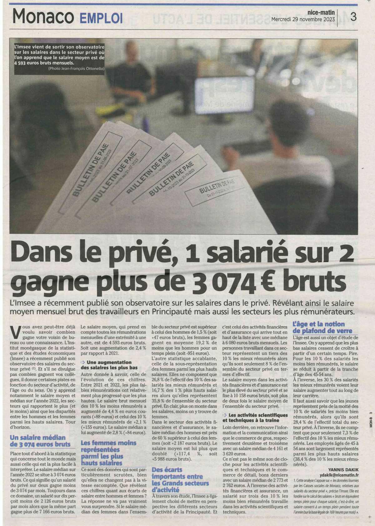 Dans le privé, 1 salarié sur 2 gagne plus de 3074€ bruts