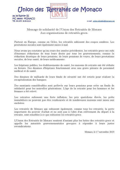 Message de Solidarité de l'Union des Retraités de Monaco