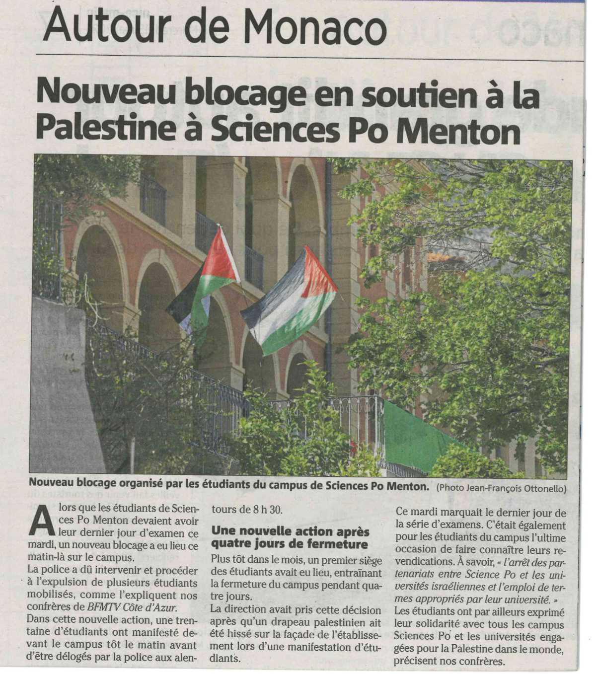Nouveau blocage en soutien à la Palestine à Science Po Menton