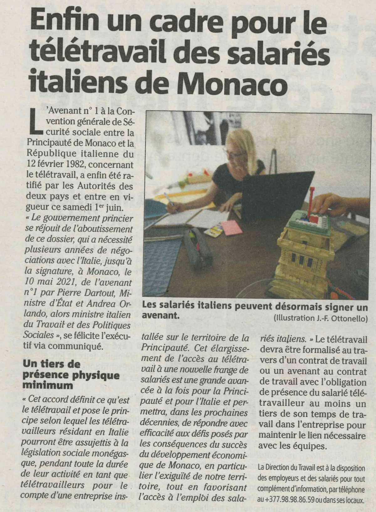 Enfin un cadre pour le télétravail des salariés italien de Monaco