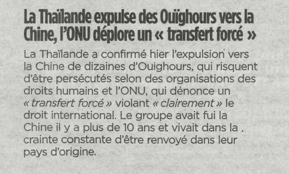 La Thaïlande expulse des Ouïghours vers la Chine, l'ONU déplore un transfert forcé