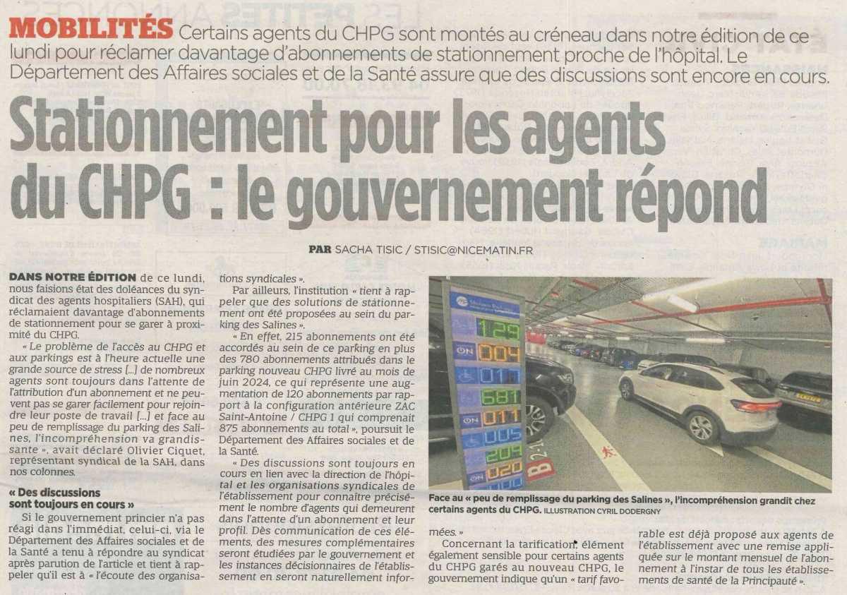 Stationnement pour les agents du CHPG: le gouvernement répond