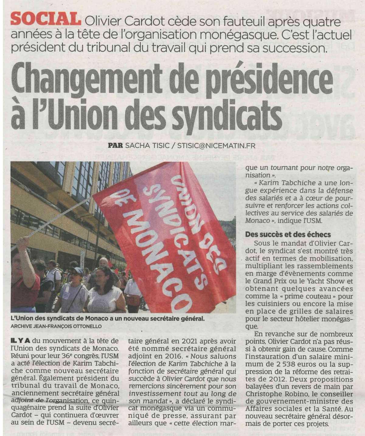 Changement de présidence à l'Union des syndicats