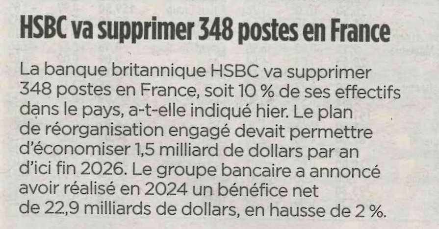 HSBC va supprimer 348 postes en France
