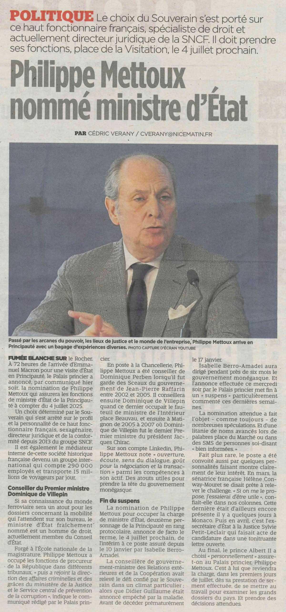 Philippe METTOUX nommé ministre d'État