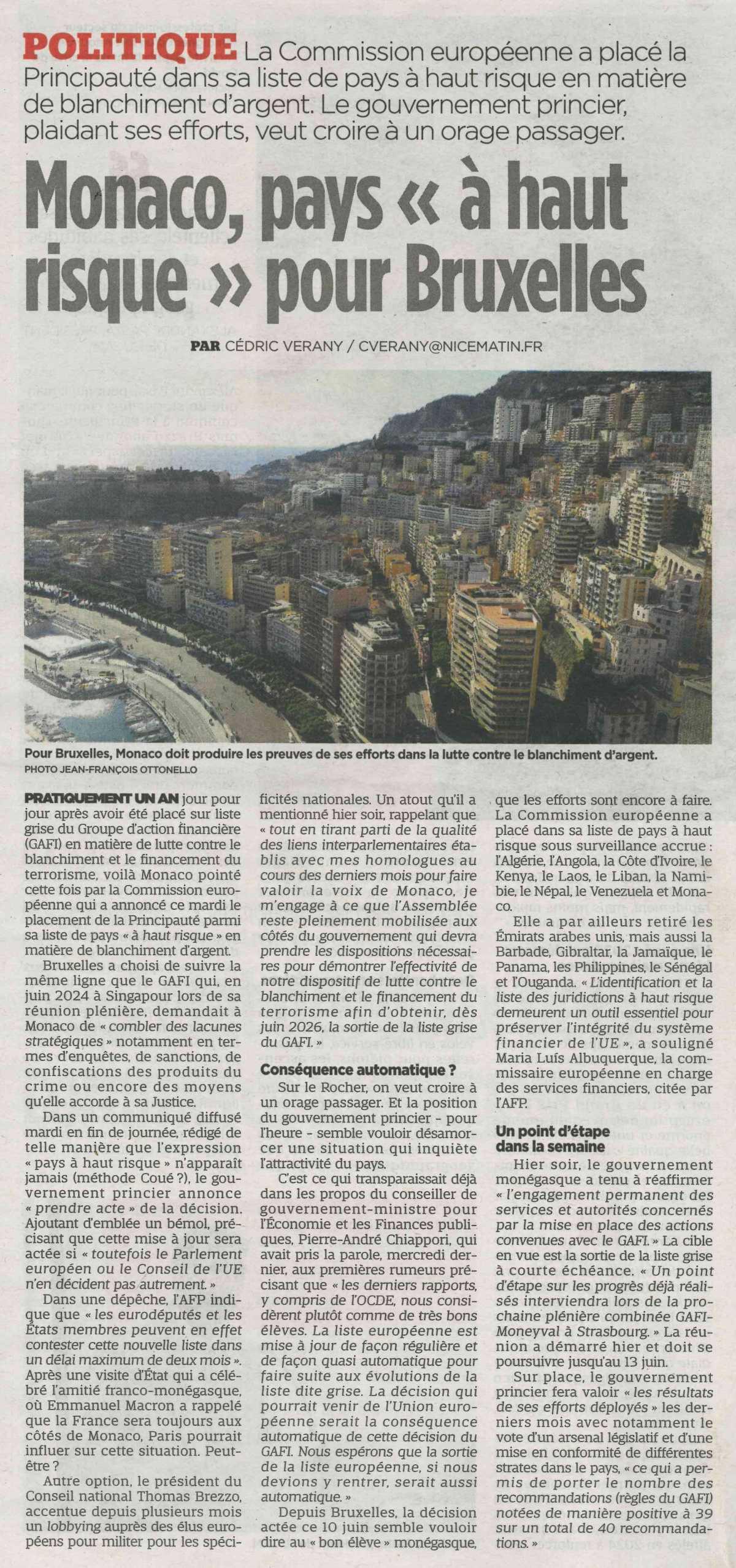 Monaco, pays "à haut risque" pour Bruxelles