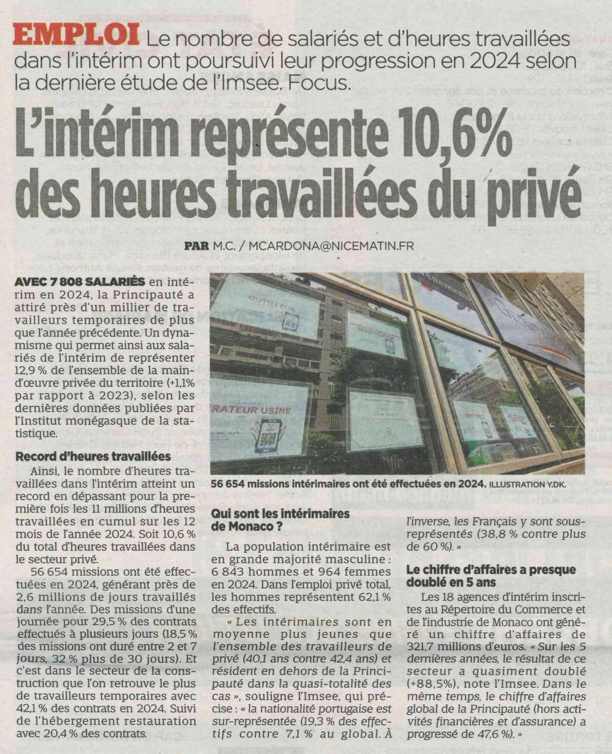 L'intérim représente10,6% des heures travaillées du privé à Monaco.