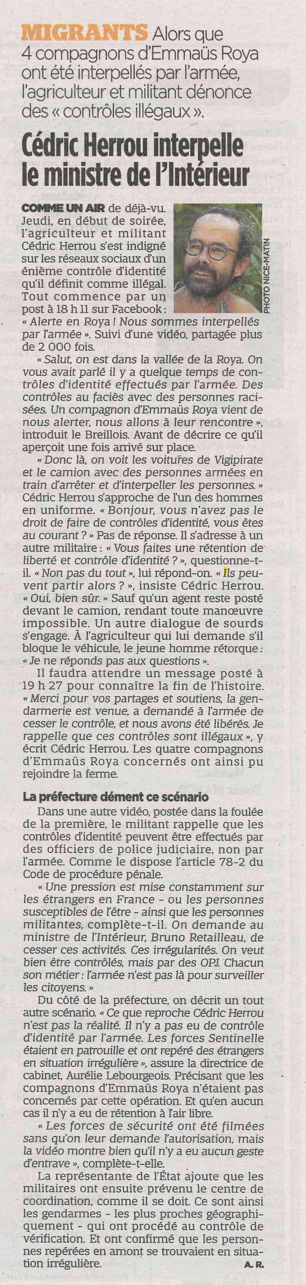 Cédric HERROU interpelle le ministre de l'intérieur