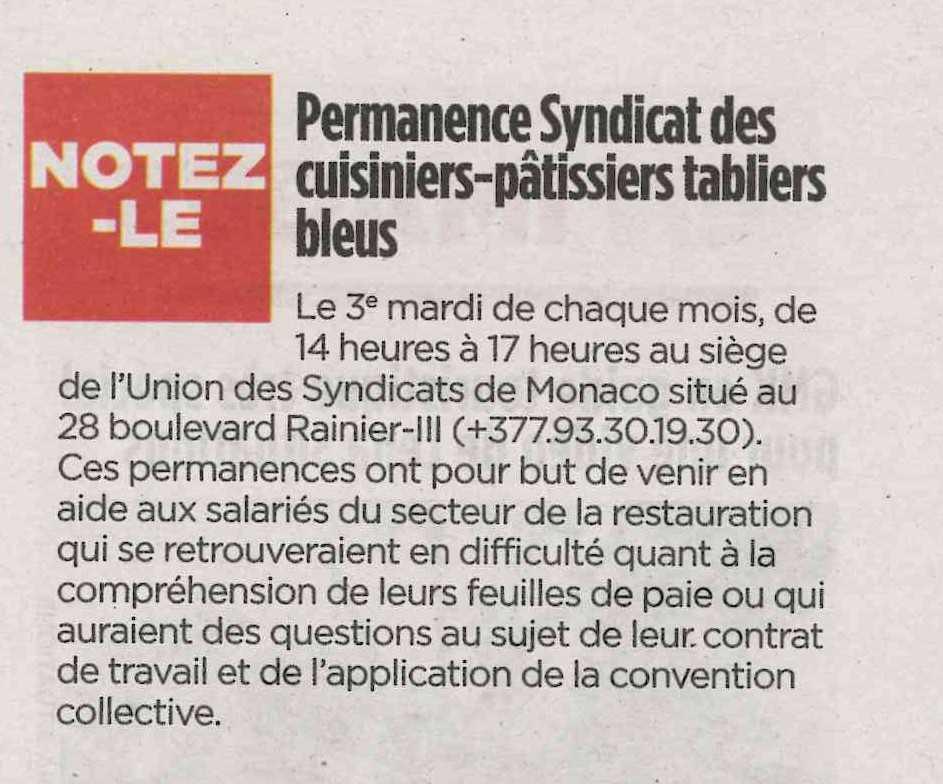 Permanence du Syndicat des Cuisiniers pâtissiers, tabliers bleus