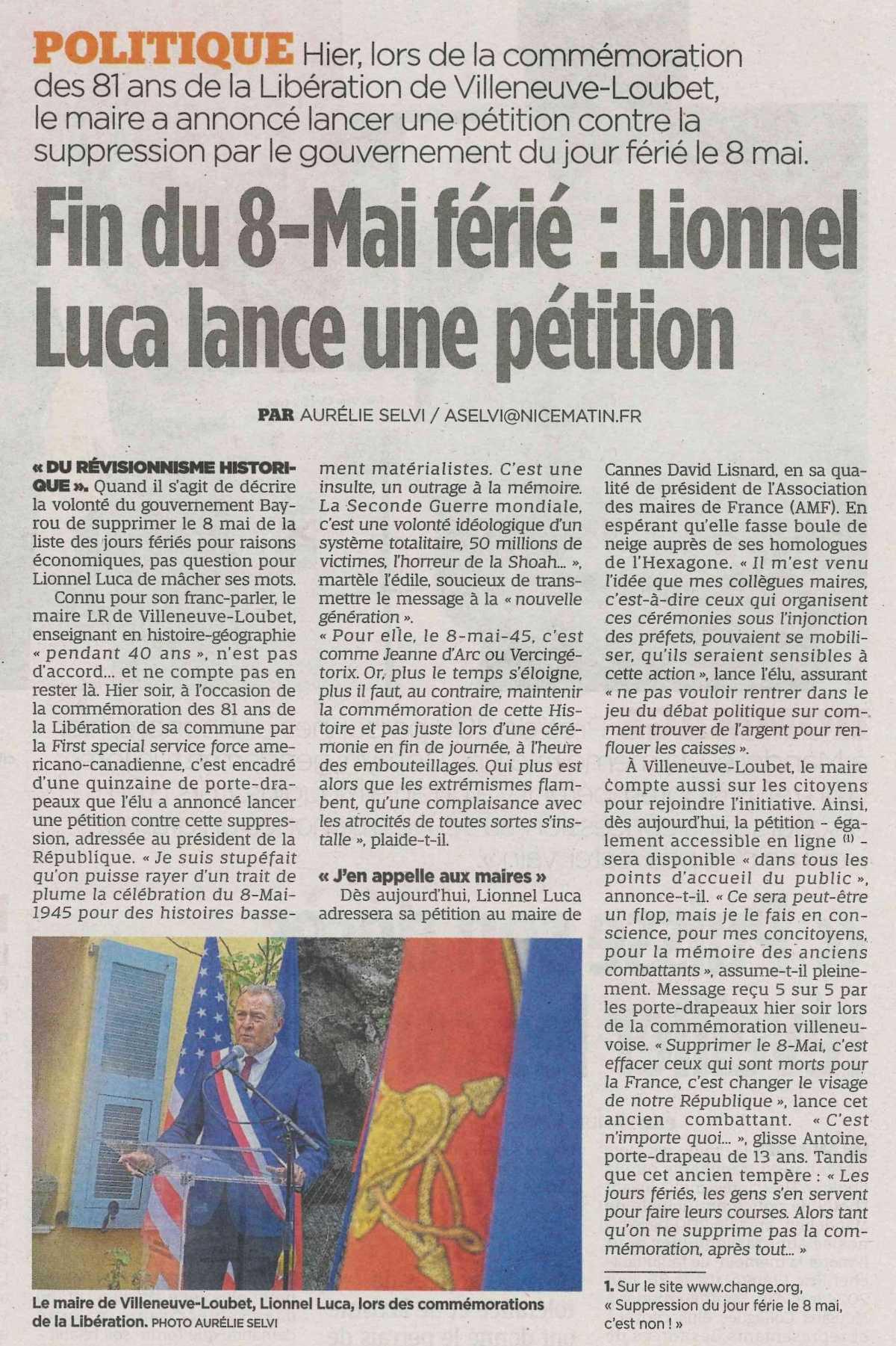 Fin du 8 mai férié: Lionnel Luca lance une pétition