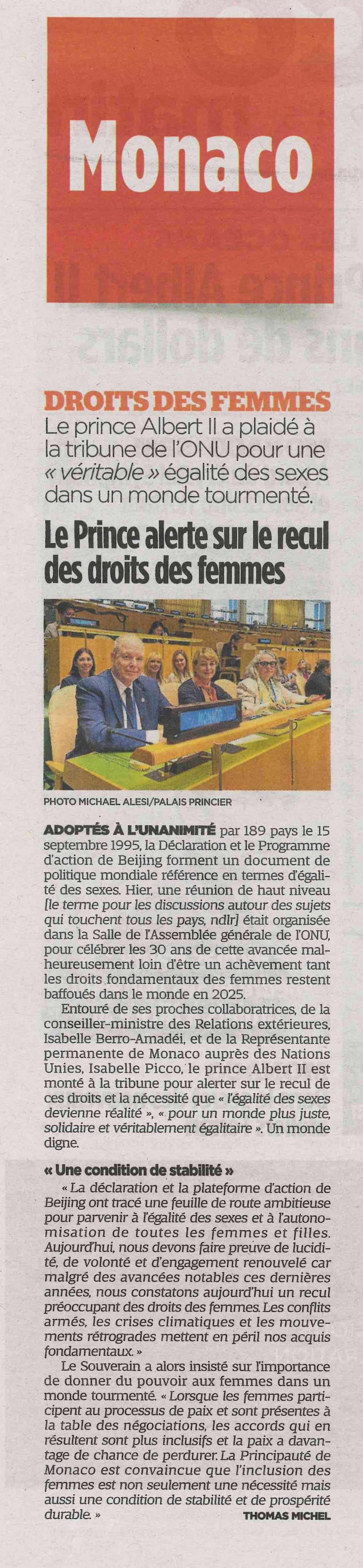 Le Prince alerte sur le recul des droits des femmes