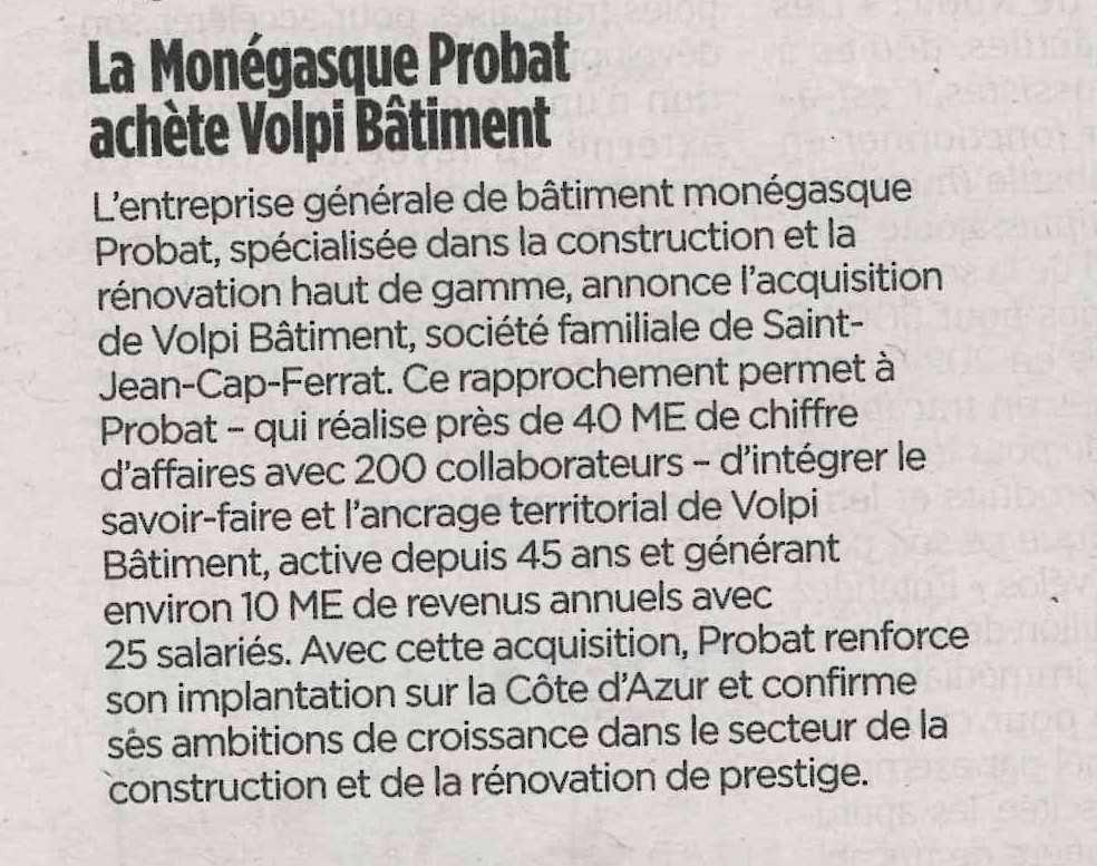 La monégasque PROBAT achète Volpi Batiment