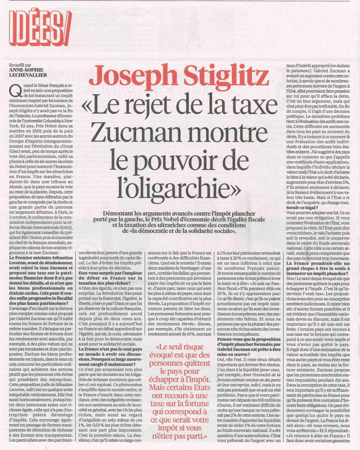 Joseph Stiglitz "Le rejet de la taxe Zucman montre le pouvoir de l'oligarchie"