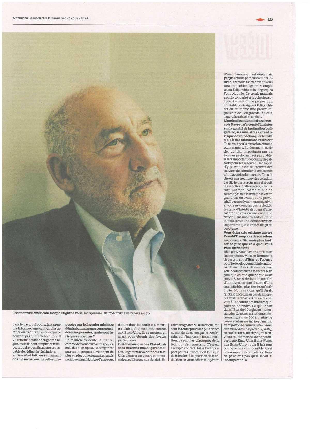 Joseph Stiglitz "Le rejet de la taxe Zucman montre le pouvoir de l'oligarchie"