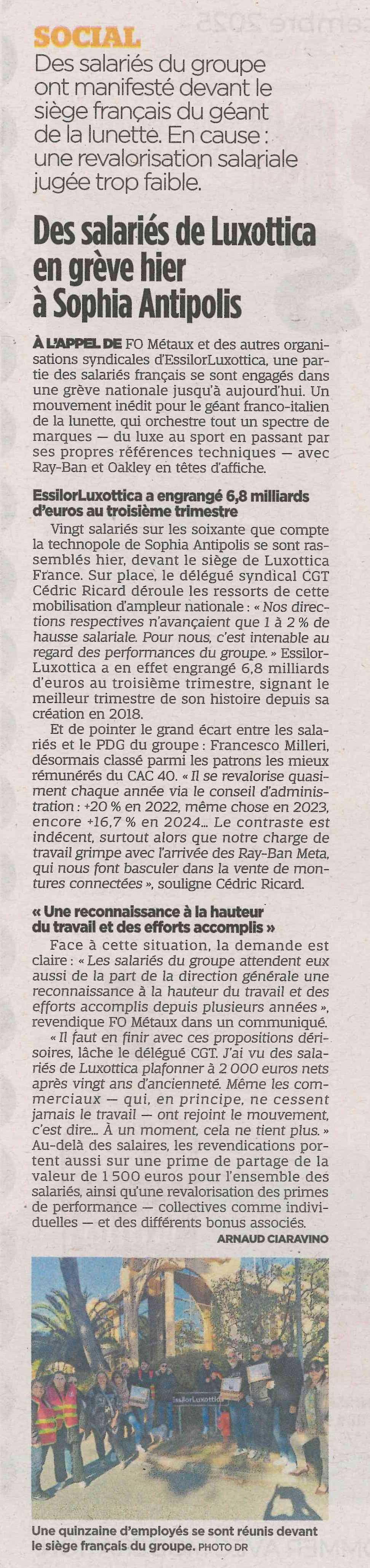 Des salariés de Luxottica en grève hier à Sophia Antipolis