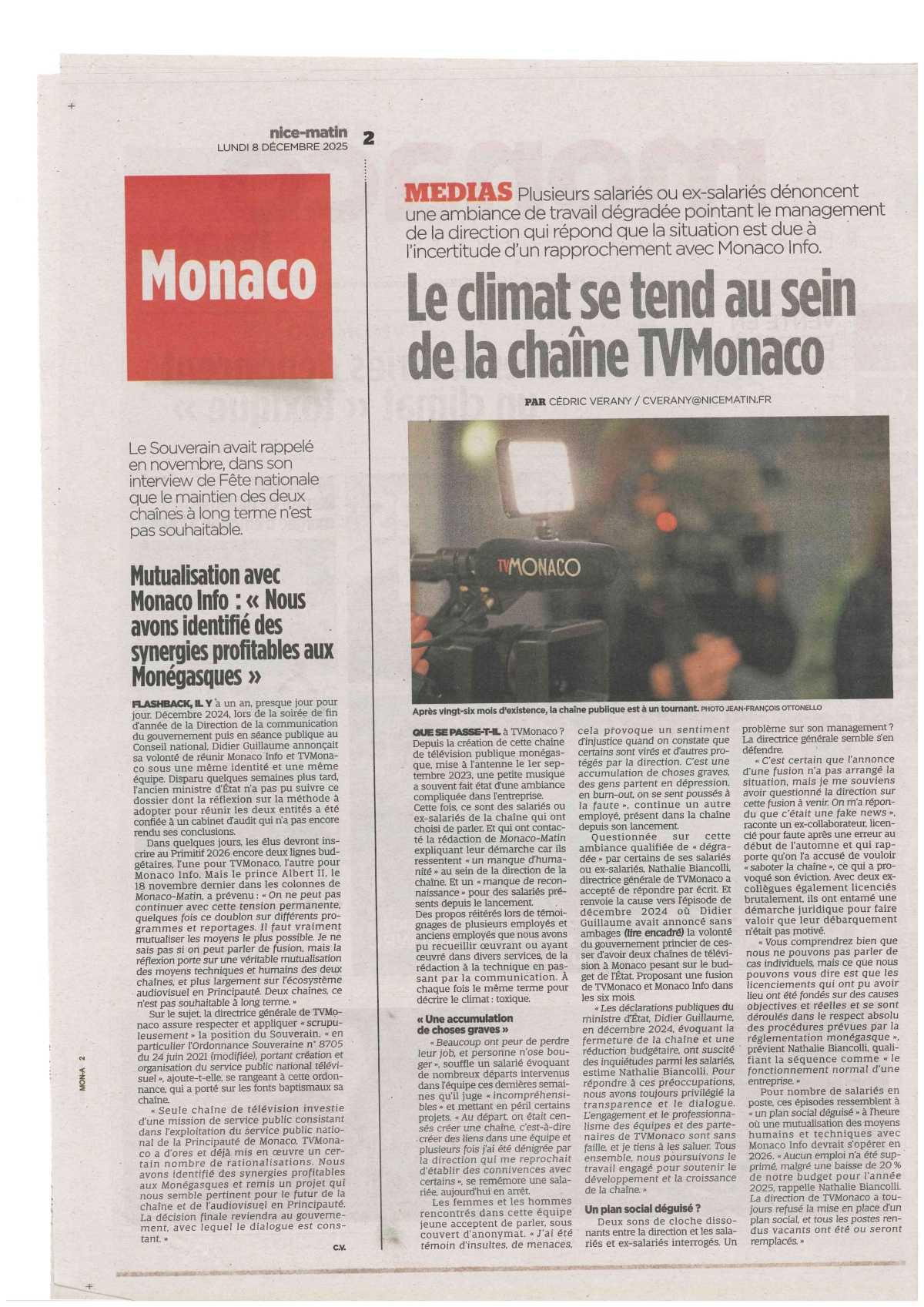 Le climat se tend au sein de la chaîne TV Monaco