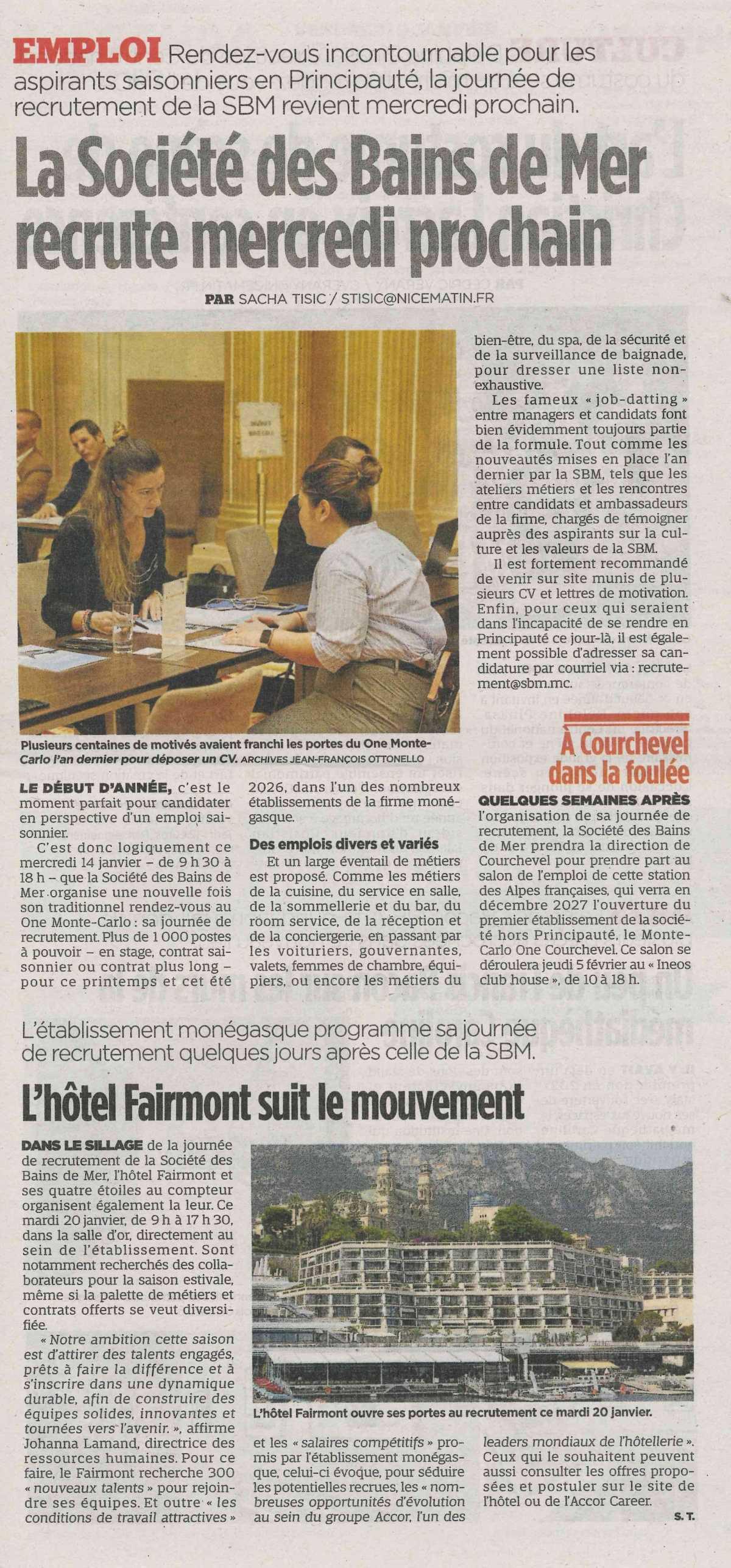 La Société des Bains de Mer recrute mercredi prochain