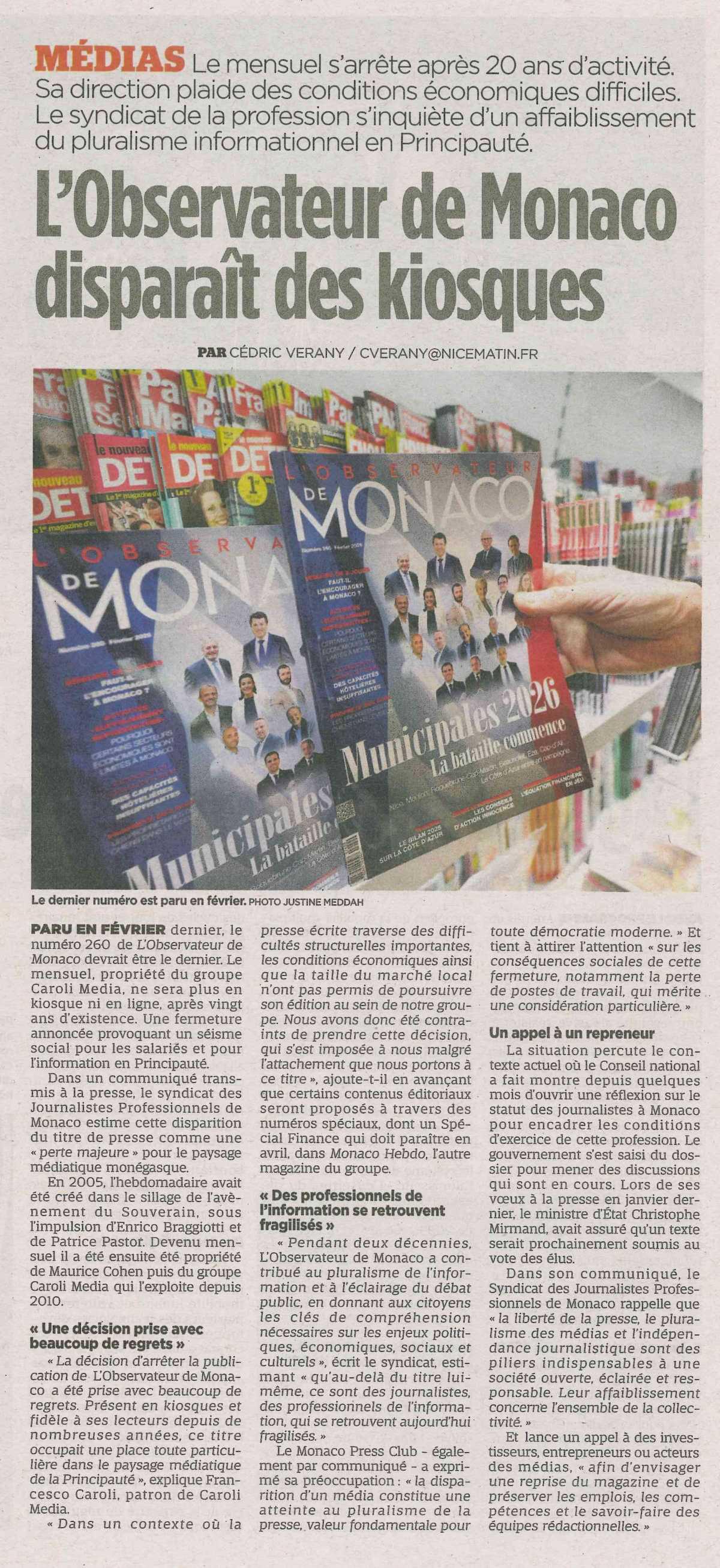 L'Observateur de Monaco disparaît des kiosques
