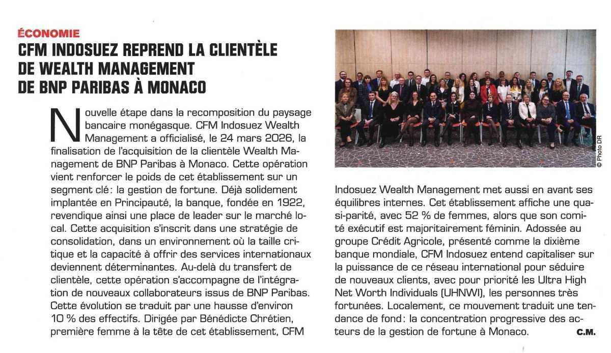 CFM Indosuez reprend la clientèle de Wealth management de BNP Paribas à Monaco