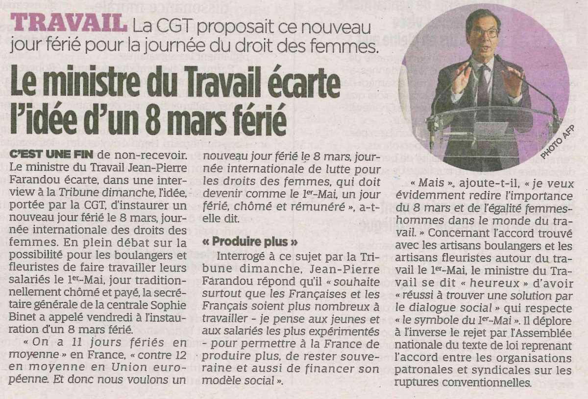 Le Ministre du travail écarte l'idée d'un 8 mars férié