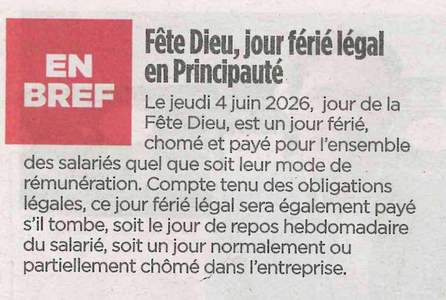 Fête Dieu, Jour férié légal en Principauté