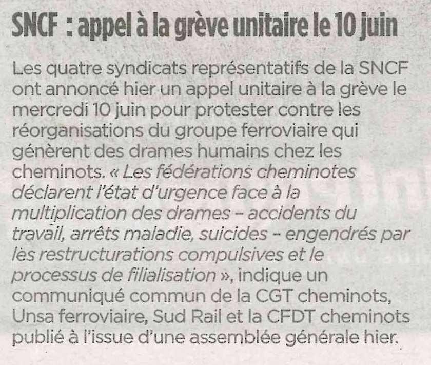 SNCF: appel à la grève unitaire le 10 juin