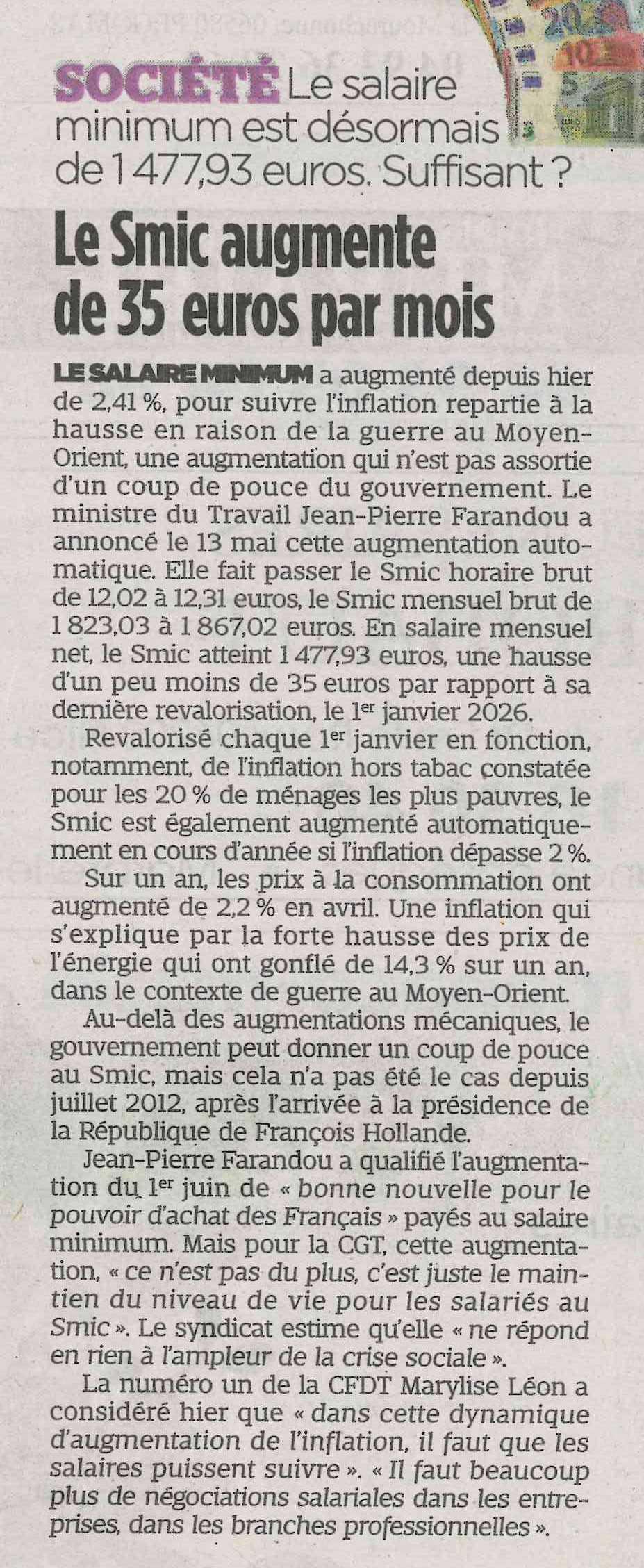 Le Smic augmente de 35€ par mois