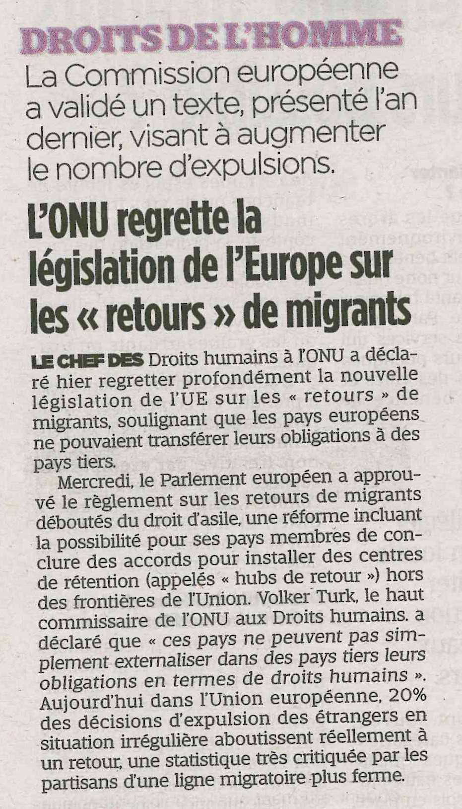 L'ONU regrette la législation de l'Europe sur "les retours" de migrants 