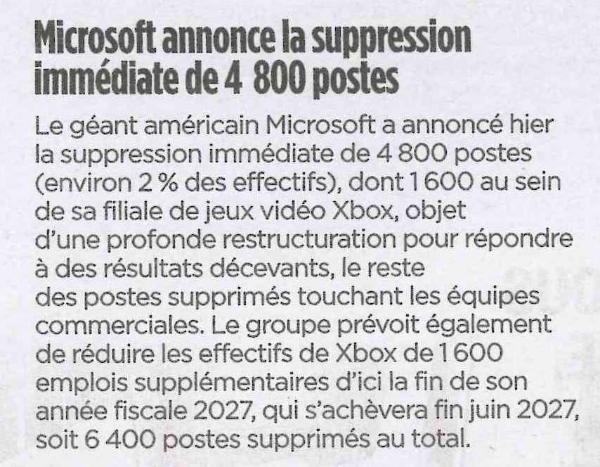 Microsoft annonce la suppression immédiate de 4800 postes 
