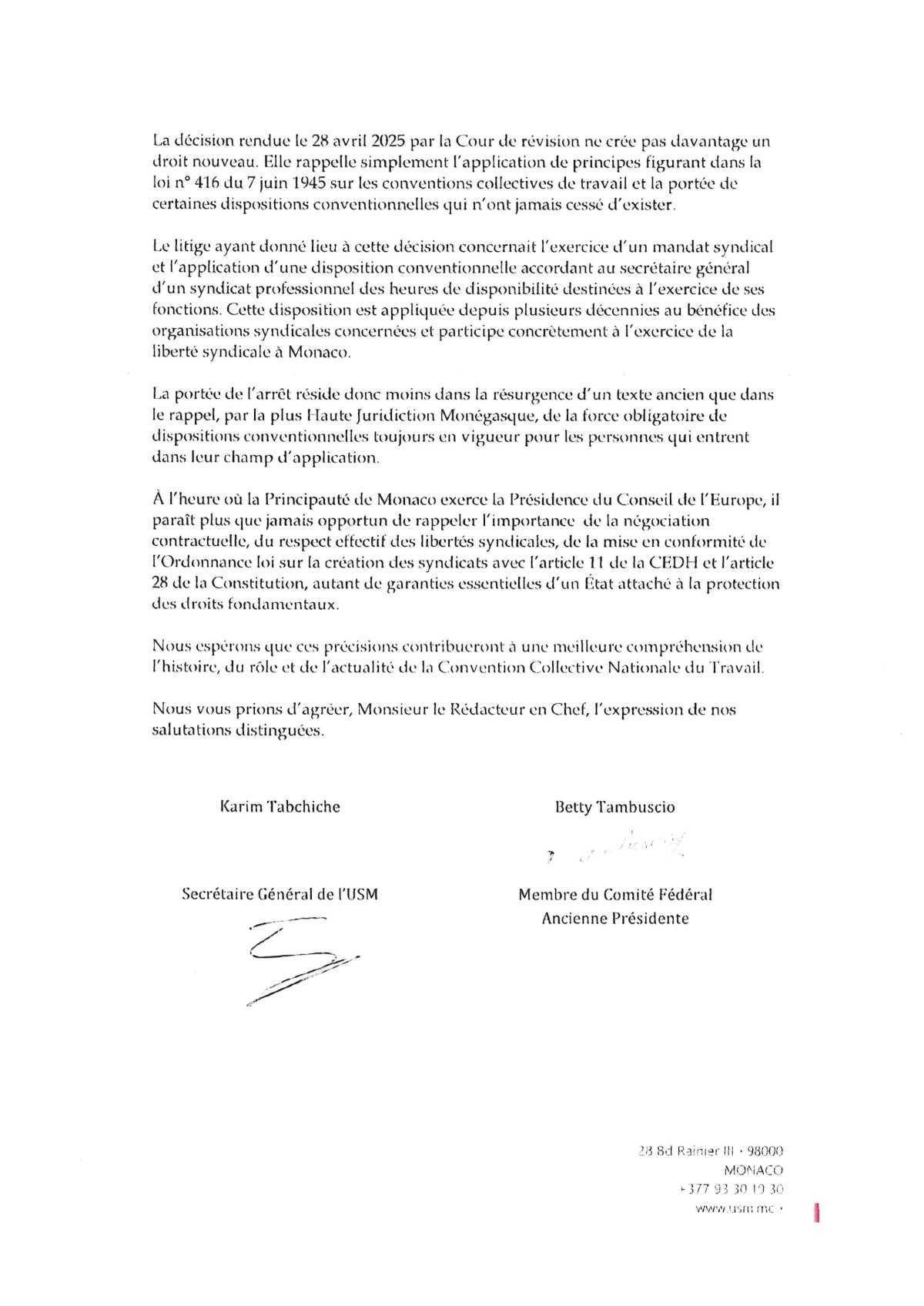 Droit de réponse à l'article de Monaco Hebdo intitulé "Une convention collective oubliée qui ressurgit..."