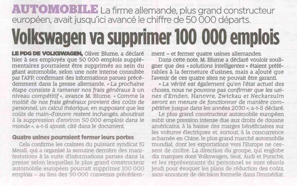Volkswagen va supprimer 100 000 emplois