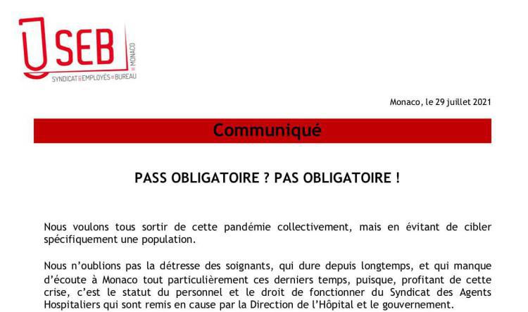 Pass Sanitaire : Le Syndicat des Employés de Bureau de Monaco Communique !