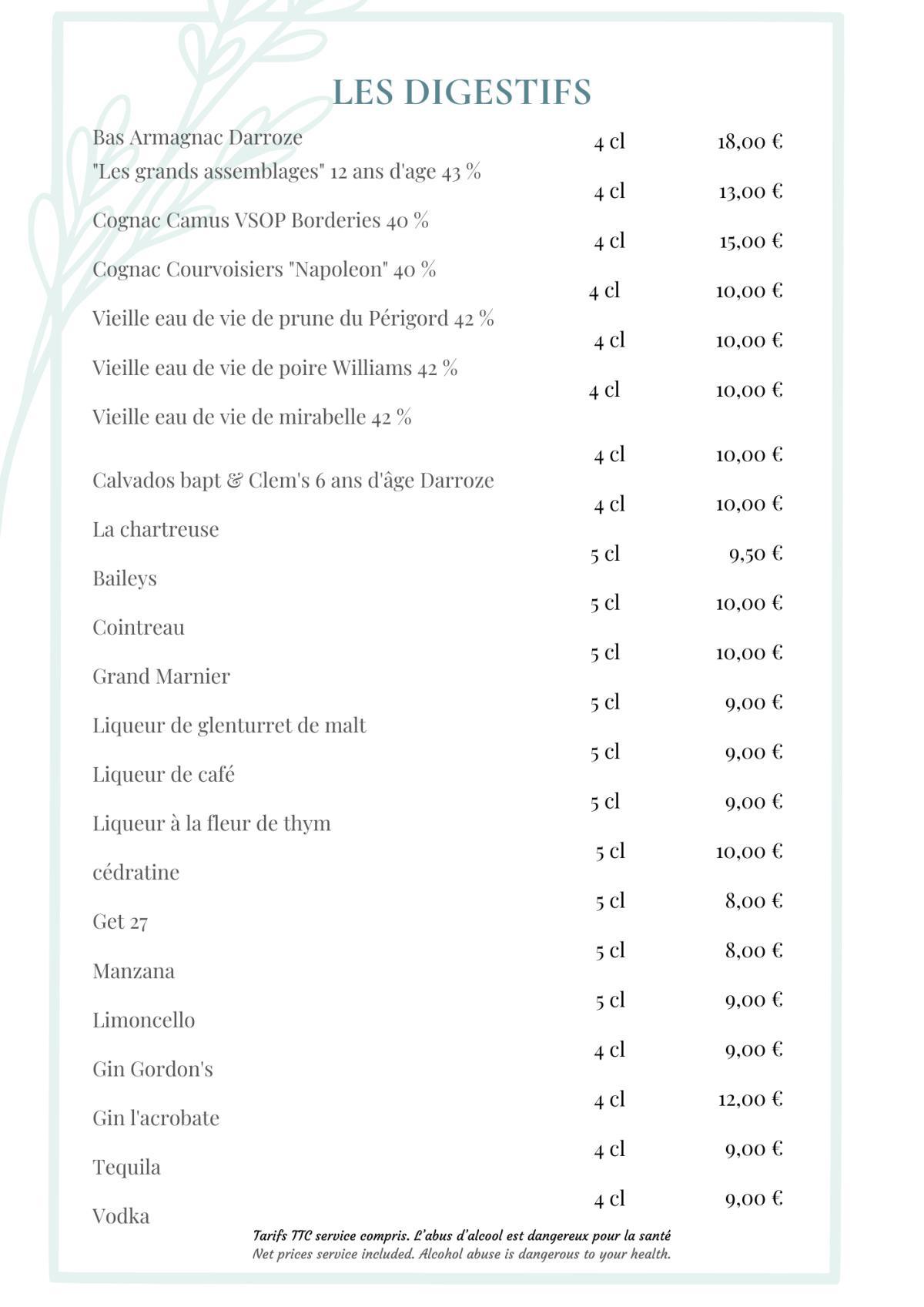 Carte des Boissons