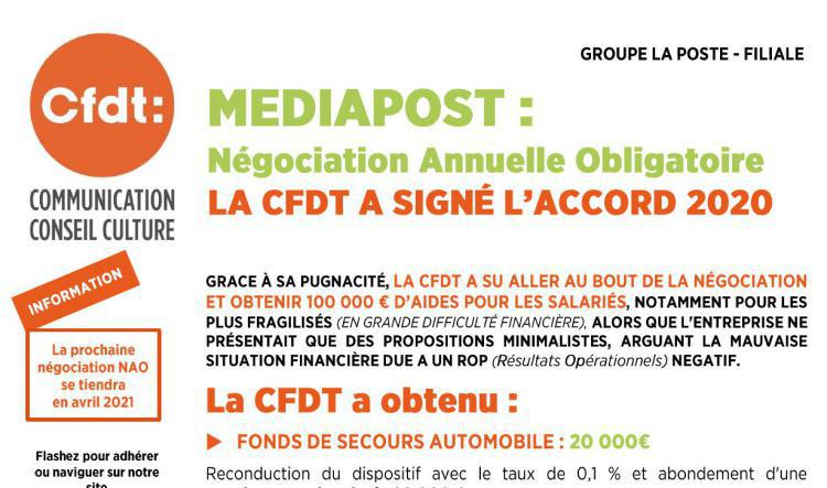 Mediapost : Négociation Annuelle Obligatoire, la CFDT signe l'accord 2020