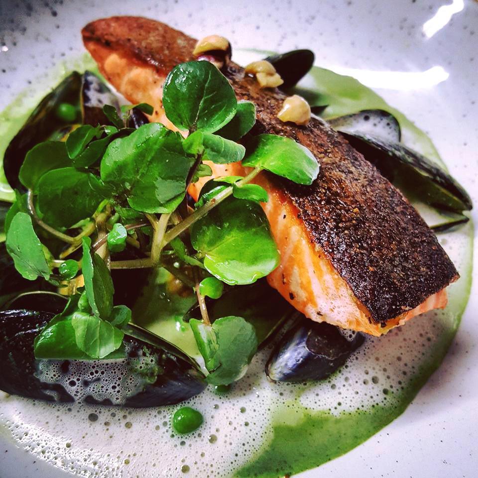 Pan-fried salmon, mussle and watercress velouté