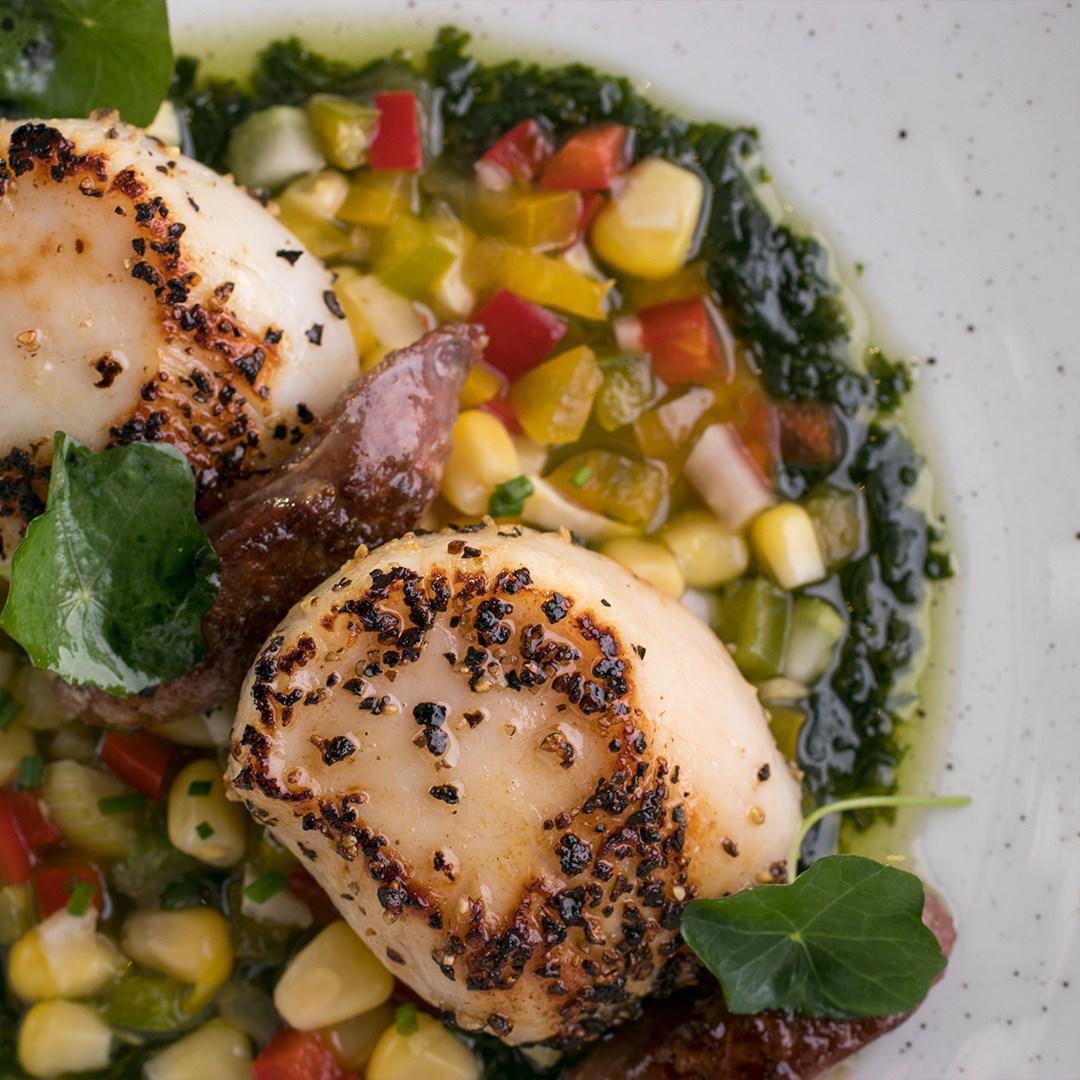 ‘Pan Seared’ Irish Sea with sweet corn, merguez, fennel and bell peppers salsa,  sorrel sauce. 