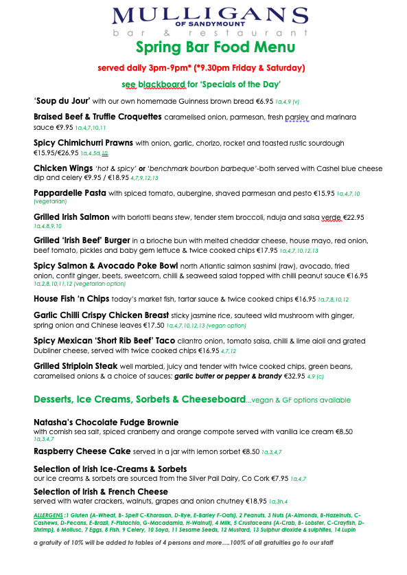Spring Bar Food Menu