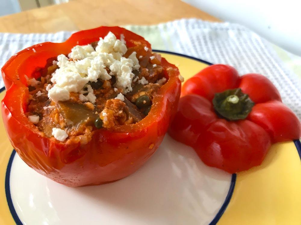 Peppers Stuffed with Eggplant, Onions, Capers & Feta Peppers Stuffed with Eggplant, Onions, Capers & Feta