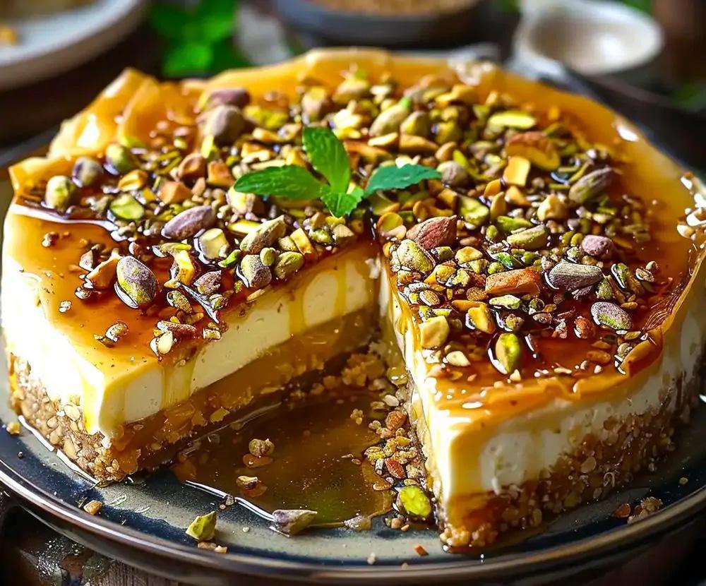 Honey Pistachio Baklava Cheesecake