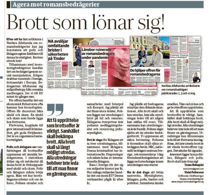 Tidningsartiklar från Sydsvenskan, Allas veckotidning, Örebro, Stenungsund, Expressen, Hemmets Journal, Göteborgsposten och Tranås-Posten Tidningsartiklar från Sydsvenskan, Allas veckotidning, Örebro, Stenungsund, Expressen, Hemmets Journal, Göteborgsposten och Tranås-Posten