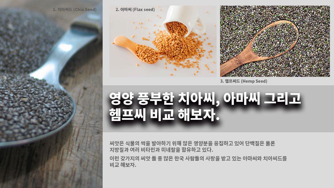 영양 풍부한 치아씨, 아마씨 그리고 헴프씨 비교 해보자. 영양 풍부한 치아씨, 아마씨 그리고 헴프씨 비교 해보자.