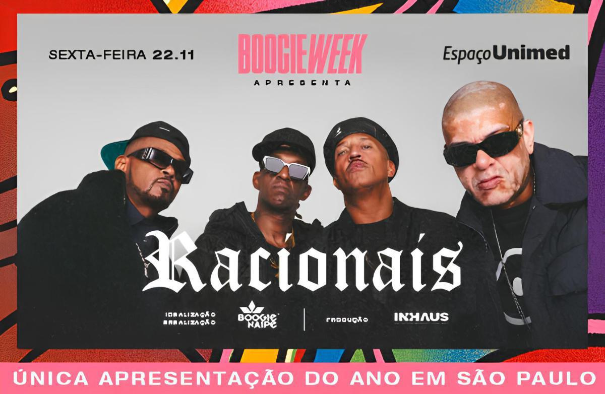 Boogie Week chega à 4ª edição em novembro com premiação, bate-papos e única apresentação dos Racionais MC's em SP este ano Boogie Week chega à 4ª edição em novembro com premiação, bate-papos e única apresentação dos Racionais MC's em SP este ano