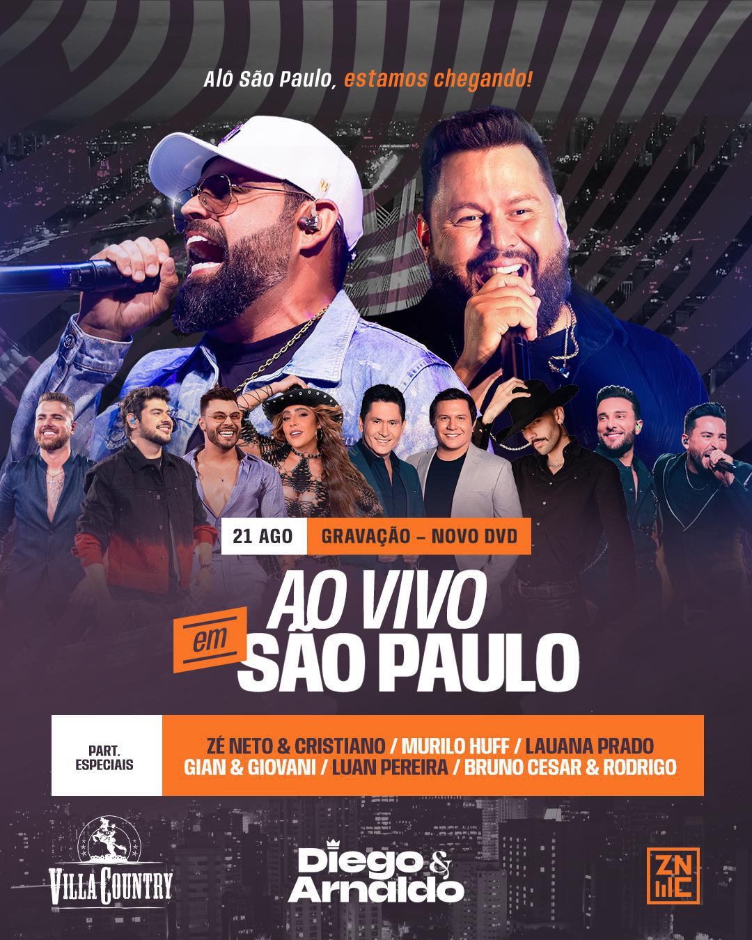 Zé Neto & Cristiano, Murilo Huff, Luan Pereira, Lauana Prado são as participações confirmadas no novo DVD de Diego & Arnaldo