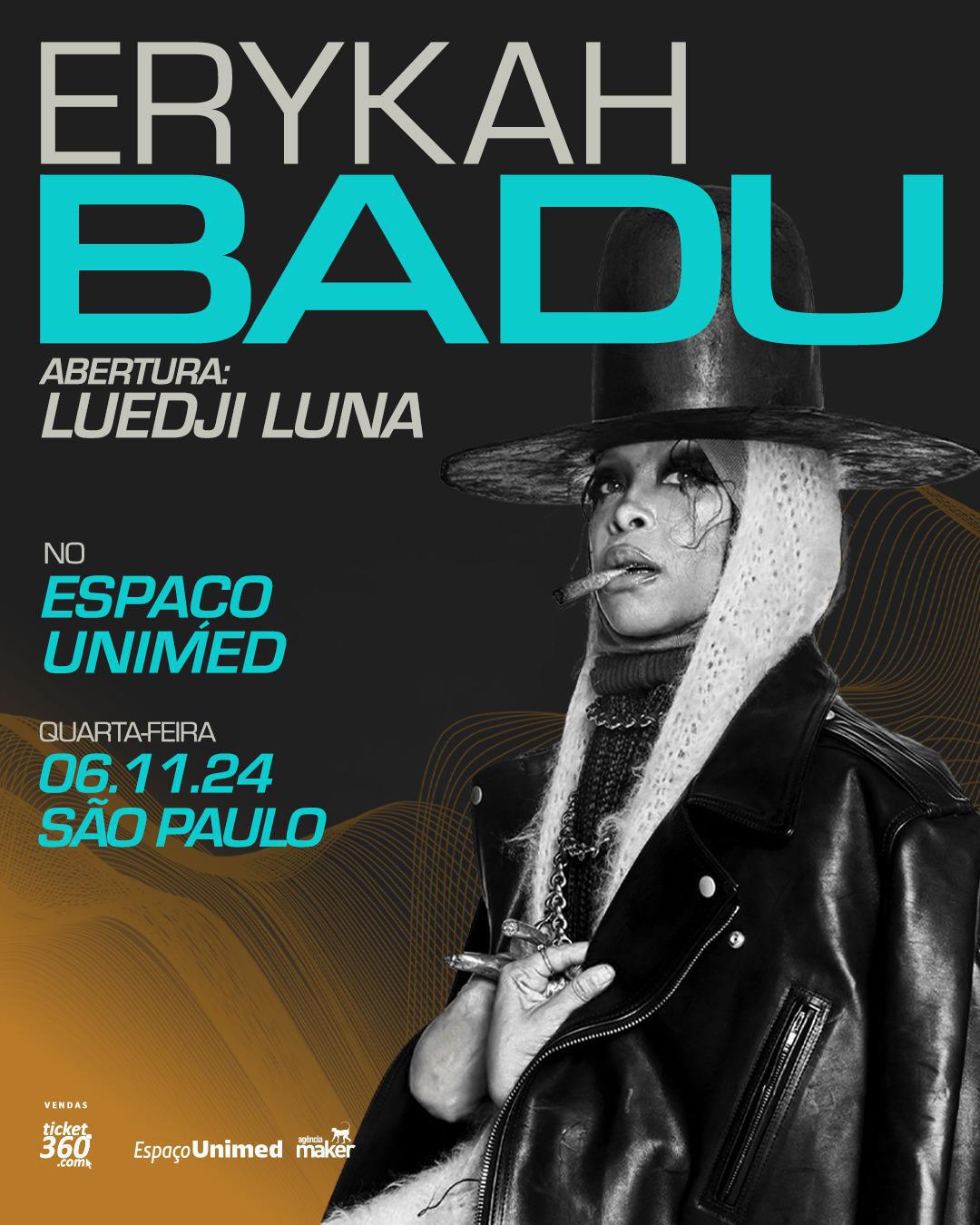 Erykah Badu, rainha do neo-soul, confirma apresentação única em São Paulo no dia 6 de novembro, no Espaço Unimed