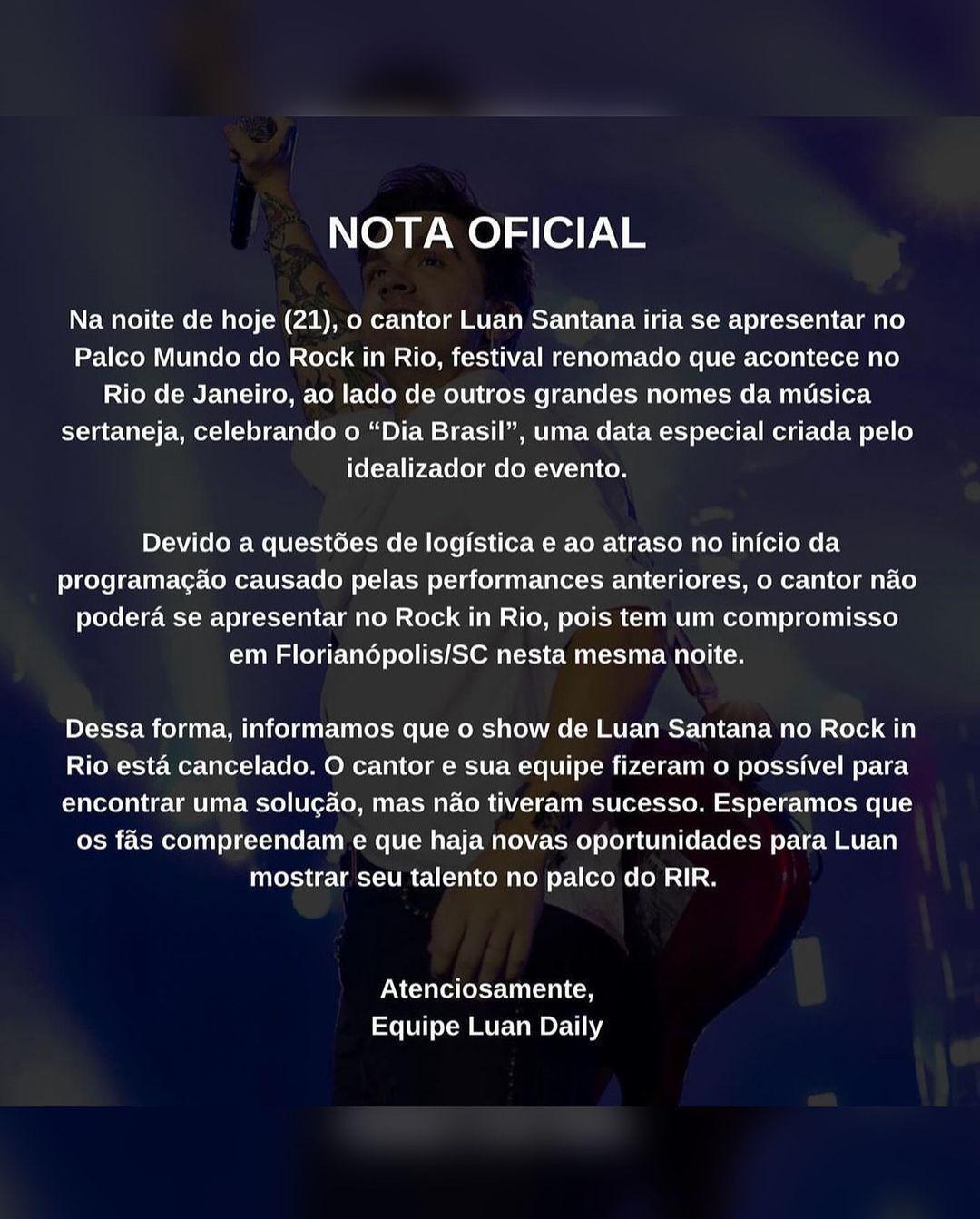 Luan Santana Cancela Show no Rock In Rio 2024 Luan Santana Cancela Show no Rock In Rio 2024