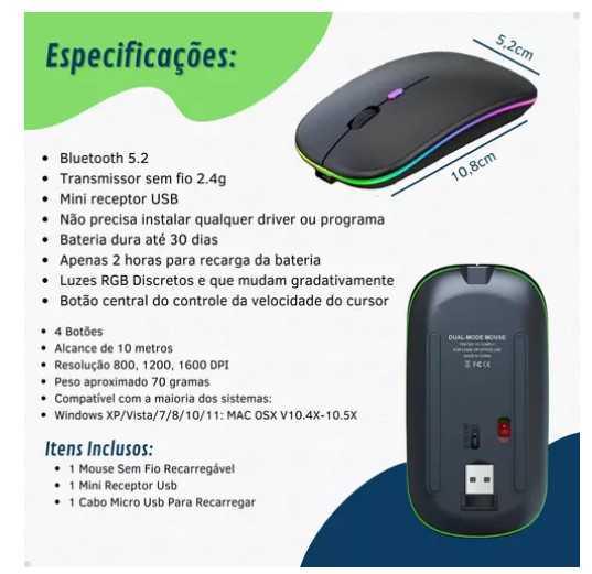 R$ 19,10 - Mouse Sem Fio Recarregável Wireles Optico Led Rgb Ergonômico