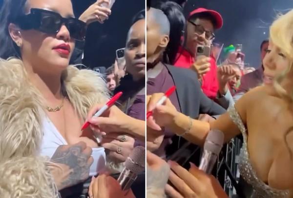 Mariah Carey atende pedido inusitado de Rihanna e autografa seu peito em show de Natal Mariah Carey atende pedido inusitado de Rihanna e autografa seu peito em show de Natal