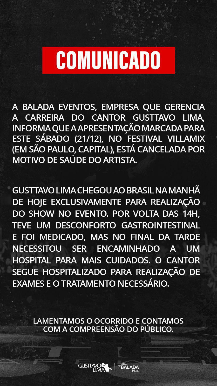 Gusttavo Lima segue hospitalizado após cancelar show por dores abdominais Gusttavo Lima segue hospitalizado após cancelar show por dores abdominais